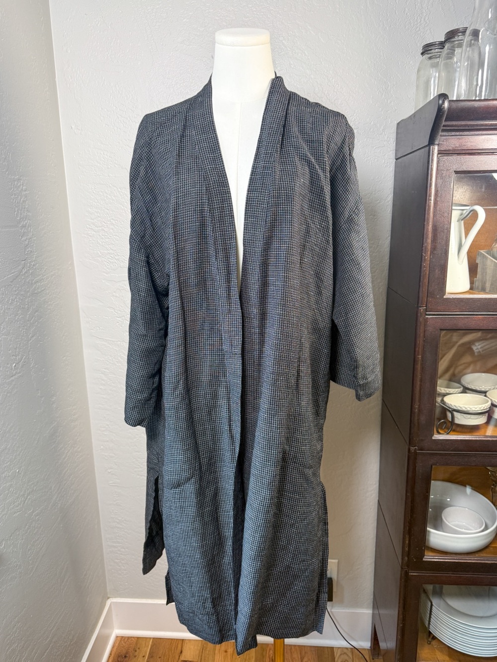 Madewell Open Front Duster Cardigan Black Micro Check Linen Blend Size M